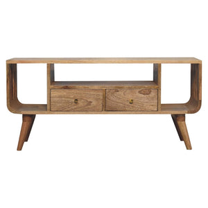 English Elm Solid Mango Wood Media Console with Tapered Legs Two Drawers and Open Shelving B182P257631