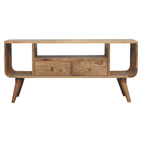 English Elm Solid Mango Wood Media Console with Tapered Legs Two Drawers and Open Shelving B182P257631