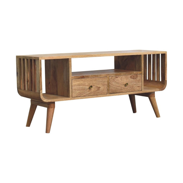 English Elm Solid Mango Wood Media Console with Tapered Legs Two Drawers and Open Shelving B182P257631