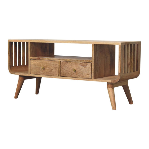English Elm Solid Mango Wood Media Console with Tapered Legs Two Drawers and Open Shelving B182P257631