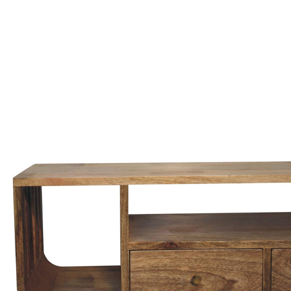 English Elm Solid Mango Wood Media Console with Tapered Legs Two Drawers and Open Shelving B182P257631