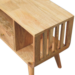 English Elm Solid Mango Wood Media Console with Tapered Legs Two Drawers and Open Shelving B182P257631