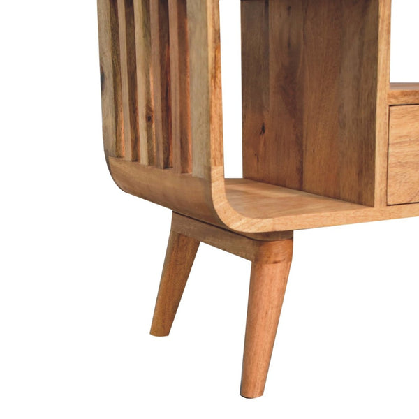 English Elm Solid Mango Wood Media Console with Tapered Legs Two Drawers and Open Shelving B182P257631