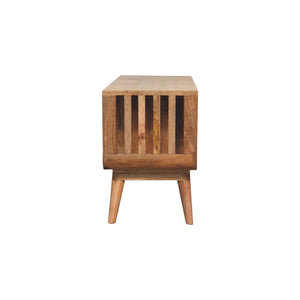 English Elm Solid Mango Wood Media Console with Tapered Legs Two Drawers and Open Shelving B182P257631