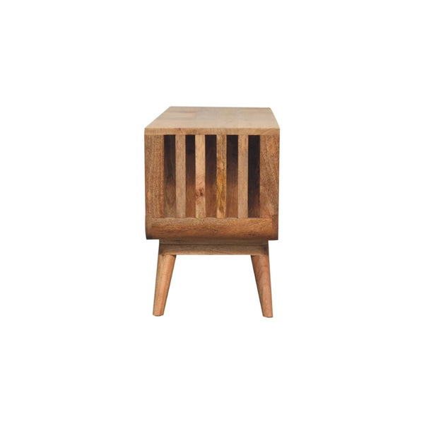 English Elm Solid Mango Wood Media Console with Tapered Legs Two Drawers and Open Shelving B182P257631