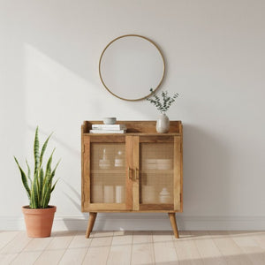 English Elm Solid Mango Wood Rattan Door Cabinet with Nordic Legs and Mid-century T-bar Handles B182P257654