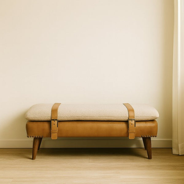 English Elm Bouclé and Buffalo Hide Leather Upholstered Bench with Oak Legs for Bedroom Entry B182P263061