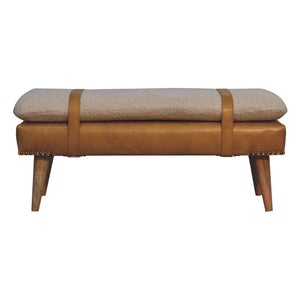 English Elm Bouclé and Buffalo Hide Leather Upholstered Bench with Oak Legs for Bedroom Entry B182P263061