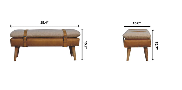 English Elm Bouclé and Buffalo Hide Leather Upholstered Bench with Oak Legs for Bedroom Entry B182P263061