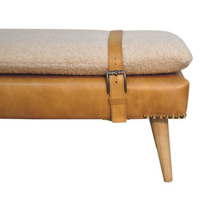 English Elm Bouclé and Buffalo Hide Leather Upholstered Bench with Oak Legs for Bedroom Entry B182P263061