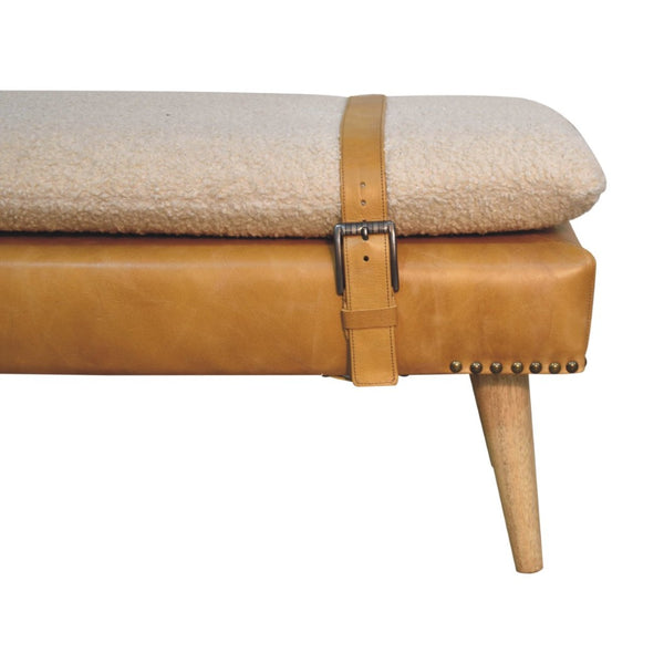English Elm Bouclé and Buffalo Hide Leather Upholstered Bench with Oak Legs for Bedroom Entry B182P263061