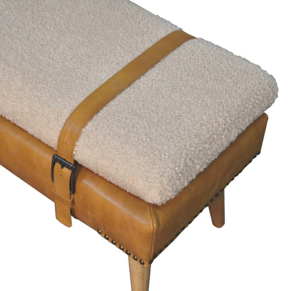 English Elm Bouclé and Buffalo Hide Leather Upholstered Bench with Oak Legs for Bedroom Entry B182P263061