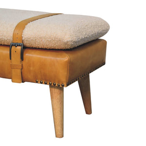 English Elm Bouclé and Buffalo Hide Leather Upholstered Bench with Oak Legs for Bedroom Entry B182P263061