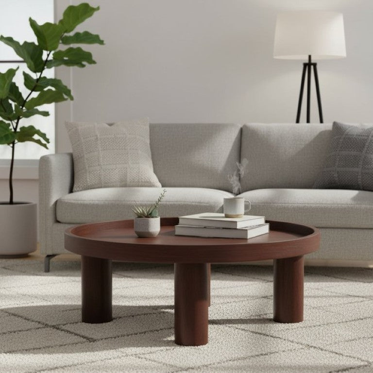 English Elm Solid Mango Wood Round Coffee Table Crescent Profile Chestnut Finish Living Room B182P279293