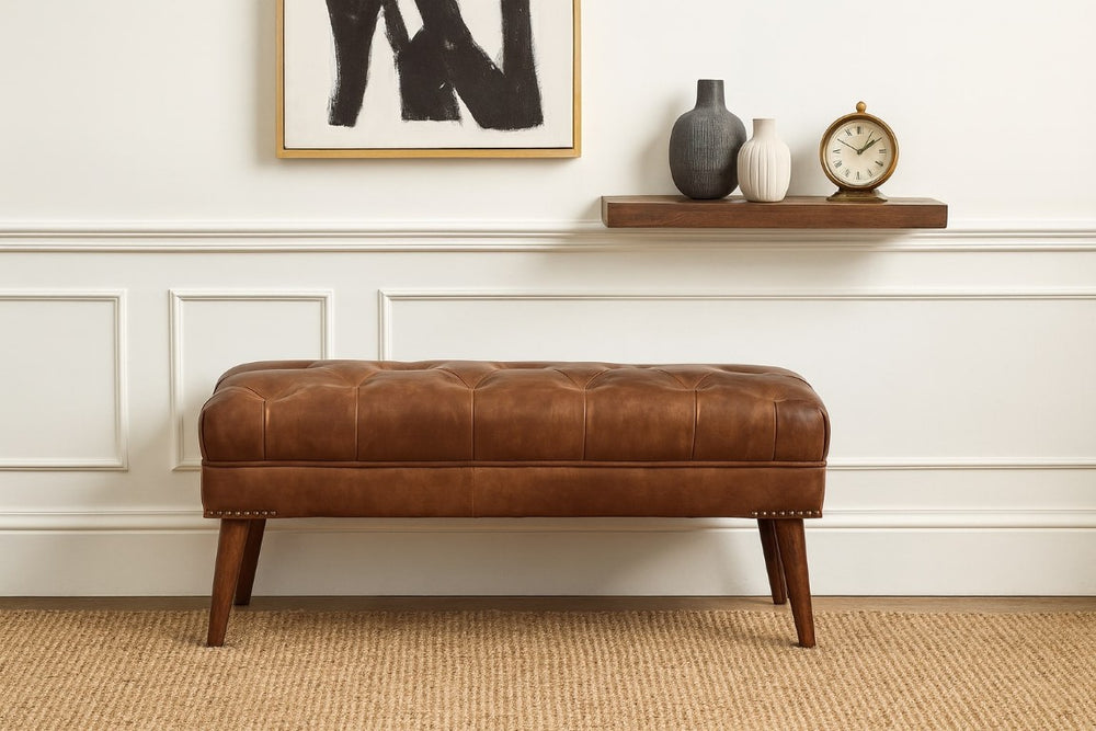English Elm Solid Mango Wood Buffalo Leather Tufted Bench for Bedroom or Entryway Accent B182P280813
