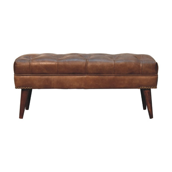 English Elm Solid Mango Wood Buffalo Leather Tufted Bench for Bedroom or Entryway Accent B182P280813