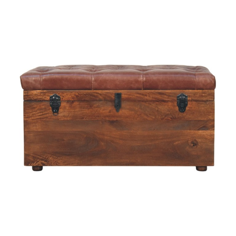 English Elm Solid Mango Wood Buffalo Leather Tufted Storage Trunk for Bedroom or Entryway B182P292156