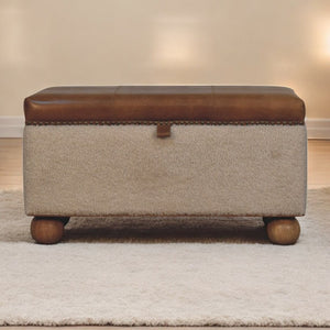 English Elm Boucle and Buffalo Hide Lift Top Storage Ottoman Artisan Handcrafted Bedroom Accent B182P294022