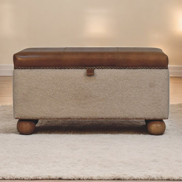 English Elm Boucle and Buffalo Hide Lift Top Storage Ottoman Artisan Handcrafted Bedroom Accent B182P294022
