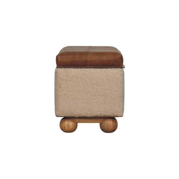 English Elm Boucle and Buffalo Hide Lift Top Storage Ottoman Artisan Handcrafted Bedroom Accent B182P294022