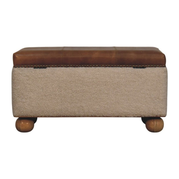 English Elm Boucle and Buffalo Hide Lift Top Storage Ottoman Artisan Handcrafted Bedroom Accent B182P294022