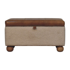 English Elm Boucle and Buffalo Hide Lift Top Storage Ottoman Artisan Handcrafted Bedroom Accent B182P294022