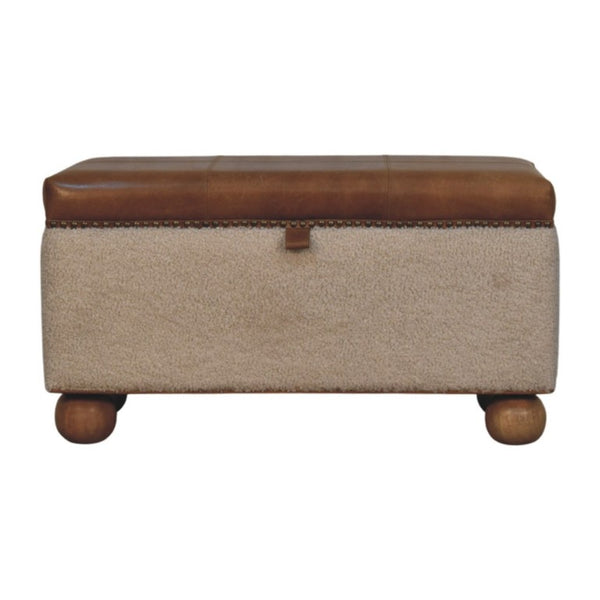 English Elm Boucle and Buffalo Hide Lift Top Storage Ottoman Artisan Handcrafted Bedroom Accent B182P294022