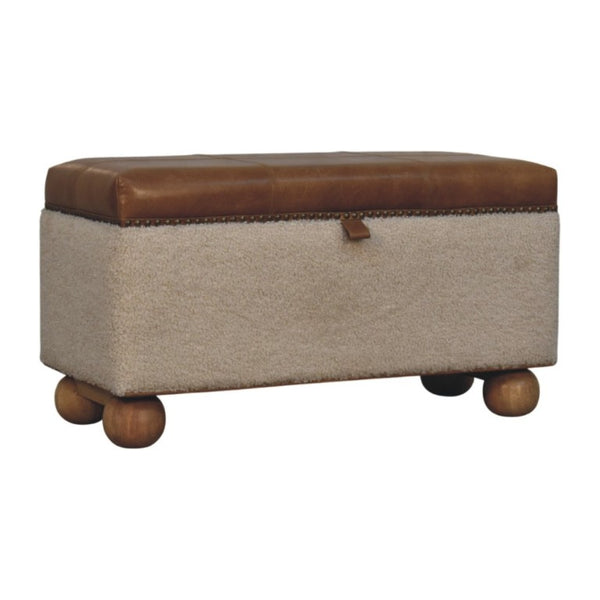 English Elm Boucle and Buffalo Hide Lift Top Storage Ottoman Artisan Handcrafted Bedroom Accent B182P294022