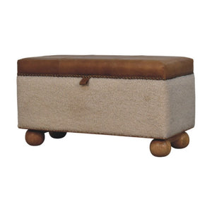English Elm Boucle and Buffalo Hide Lift Top Storage Ottoman Artisan Handcrafted Bedroom Accent B182P294022