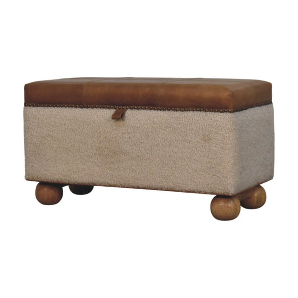 English Elm Boucle and Buffalo Hide Lift Top Storage Ottoman Artisan Handcrafted Bedroom Accent B182P294022
