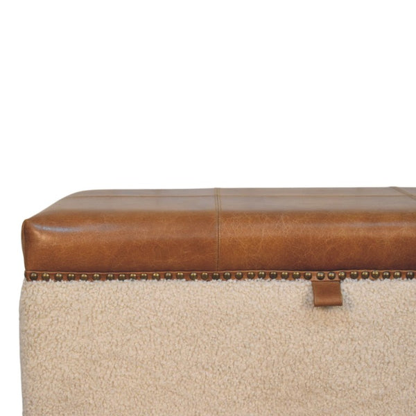 English Elm Boucle and Buffalo Hide Lift Top Storage Ottoman Artisan Handcrafted Bedroom Accent B182P294022