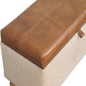 English Elm Boucle and Buffalo Hide Lift Top Storage Ottoman Artisan Handcrafted Bedroom Accent B182P294022