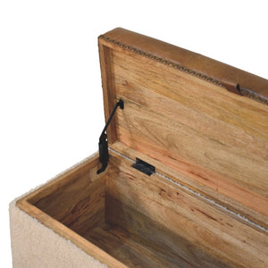 English Elm Boucle and Buffalo Hide Lift Top Storage Ottoman Artisan Handcrafted Bedroom Accent B182P294022