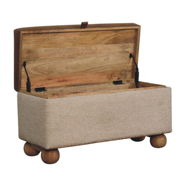 English Elm Boucle and Buffalo Hide Lift Top Storage Ottoman Artisan Handcrafted Bedroom Accent B182P294022