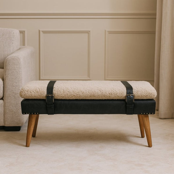 English Elm Boucle and Buffalo Leather Upholstered Bench with Belted Strap Detail Oak Legs B182P295039