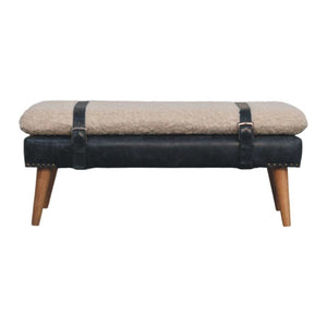 English Elm Boucle and Buffalo Leather Upholstered Bench with Belted Strap Detail Oak Legs B182P295039