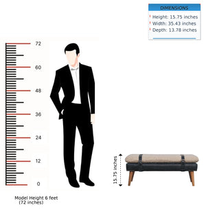 English Elm Boucle and Buffalo Leather Upholstered Bench with Belted Strap Detail Oak Legs B182P295039