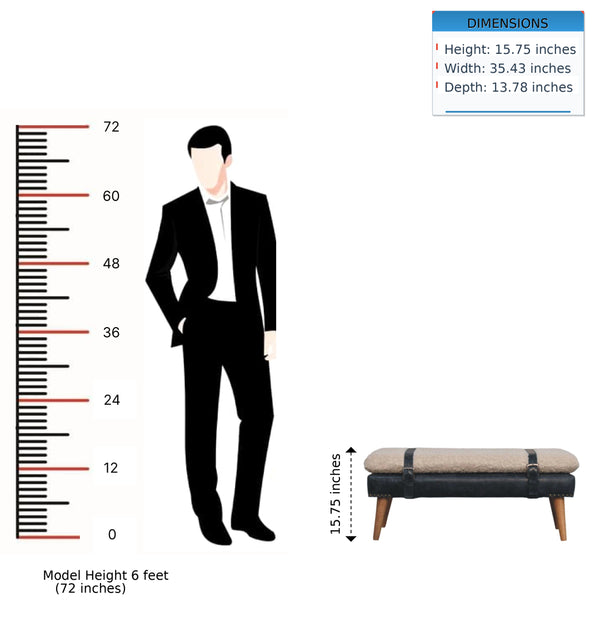 English Elm Boucle and Buffalo Leather Upholstered Bench with Belted Strap Detail Oak Legs B182P295039