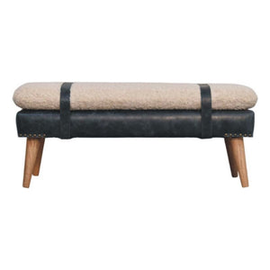 English Elm Boucle and Buffalo Leather Upholstered Bench with Belted Strap Detail Oak Legs B182P295039