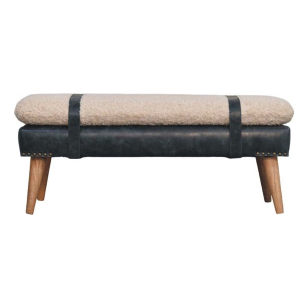 English Elm Boucle and Buffalo Leather Upholstered Bench with Belted Strap Detail Oak Legs B182P295039