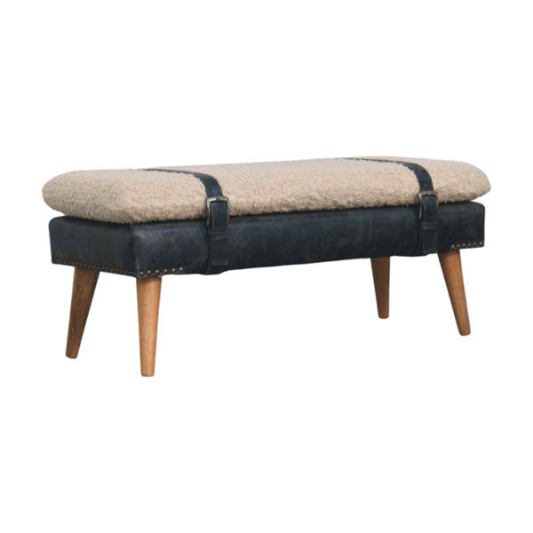 English Elm Boucle and Buffalo Leather Upholstered Bench with Belted Strap Detail Oak Legs B182P295039