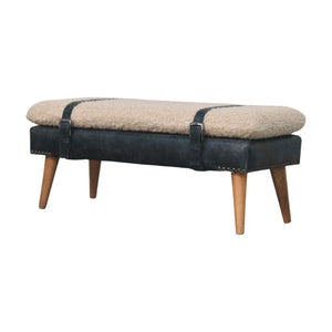 English Elm Boucle and Buffalo Leather Upholstered Bench with Belted Strap Detail Oak Legs B182P295039