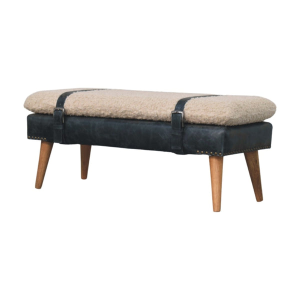 English Elm Boucle and Buffalo Leather Upholstered Bench with Belted Strap Detail Oak Legs B182P295039