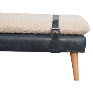 English Elm Boucle and Buffalo Leather Upholstered Bench with Belted Strap Detail Oak Legs B182P295039