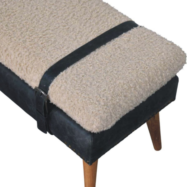 English Elm Boucle and Buffalo Leather Upholstered Bench with Belted Strap Detail Oak Legs B182P295039