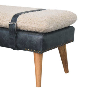 English Elm Boucle and Buffalo Leather Upholstered Bench with Belted Strap Detail Oak Legs B182P295039