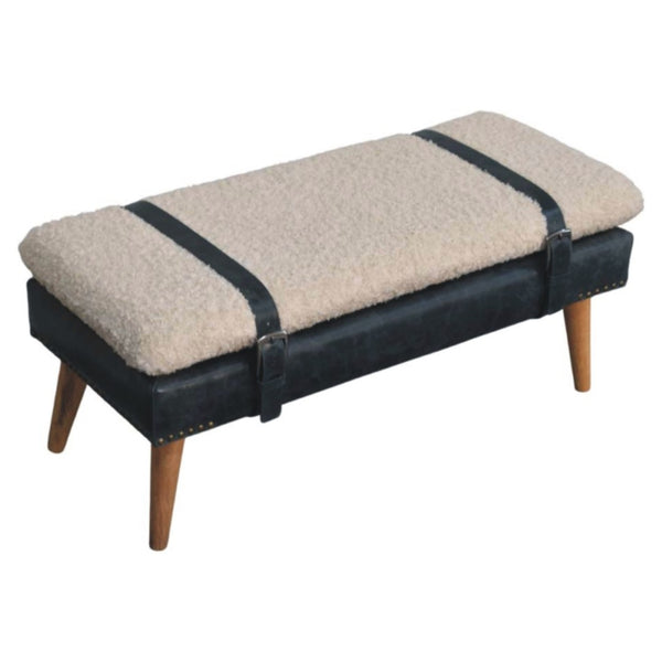 English Elm Boucle and Buffalo Leather Upholstered Bench with Belted Strap Detail Oak Legs B182P295039