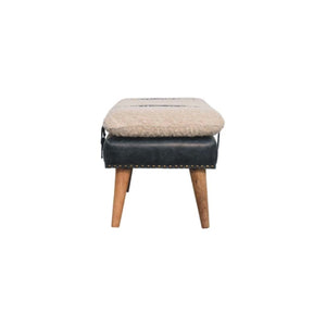 English Elm Boucle and Buffalo Leather Upholstered Bench with Belted Strap Detail Oak Legs B182P295039