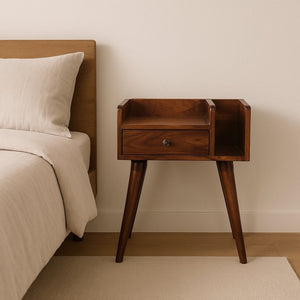 English Elm Chestnut Collective Solid Mango Wood Nightstand with Brass Knob and Nordic Tapered Legs B182P315317