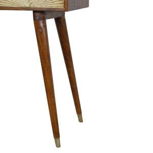 English Elm Sunrise Mango Wood Writing Desk with Hand-carved Brass Relief and Nordic Tapered Legs B182P363112